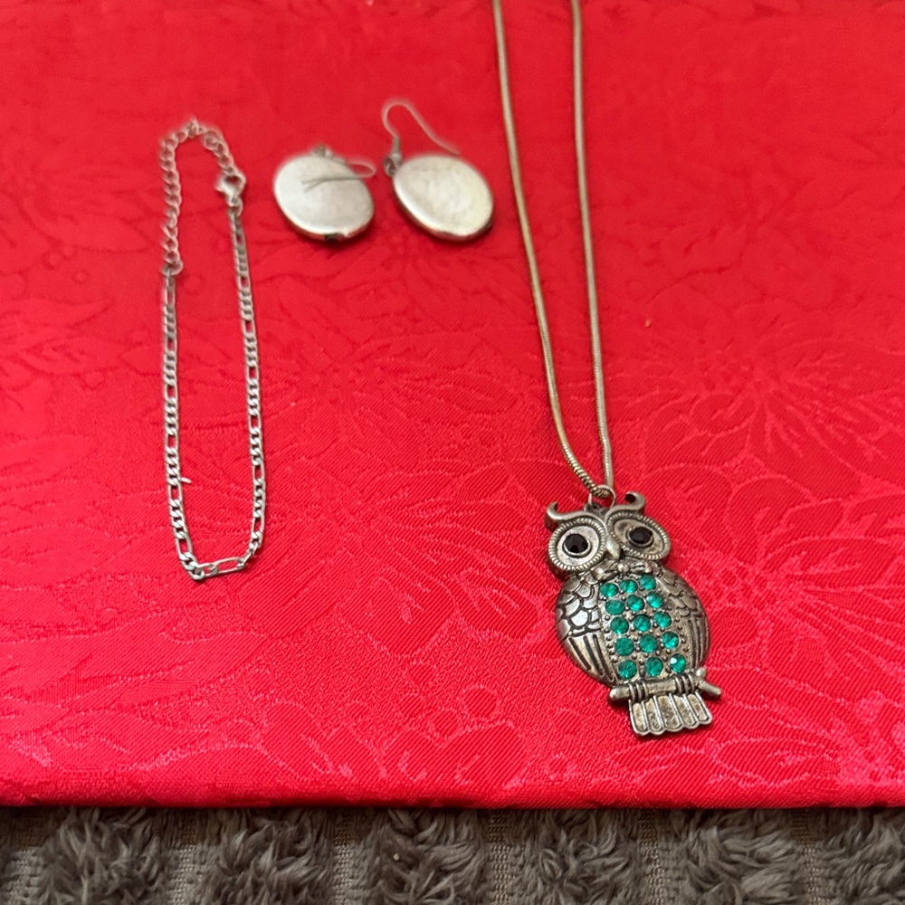 Silver Like Owl Pendant Necklace 14”. bracelet 5” long earrings  set
